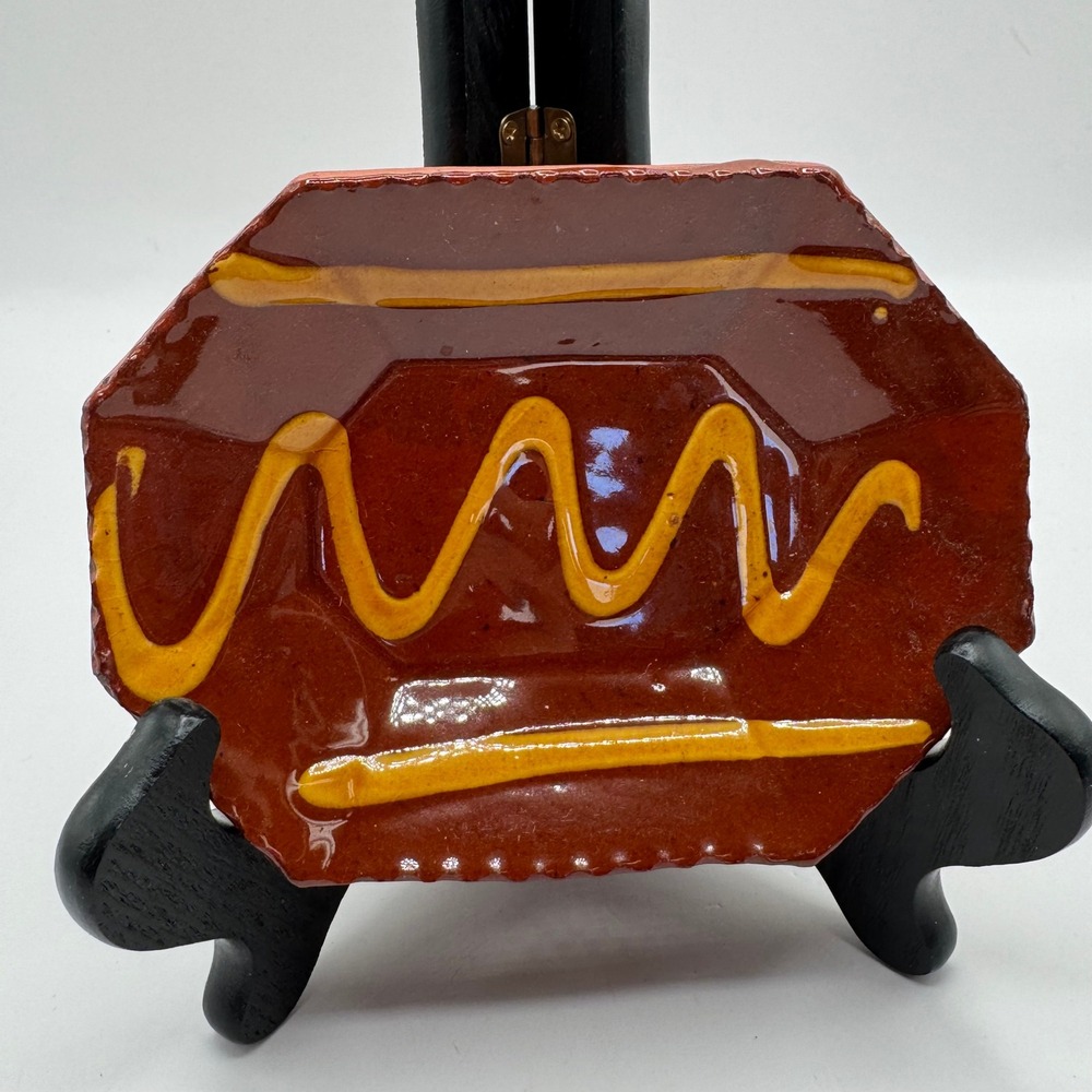 Breininger Pottery Redware Trinket Dish Brown Yellow 1980 Pennsylvania Folk Art